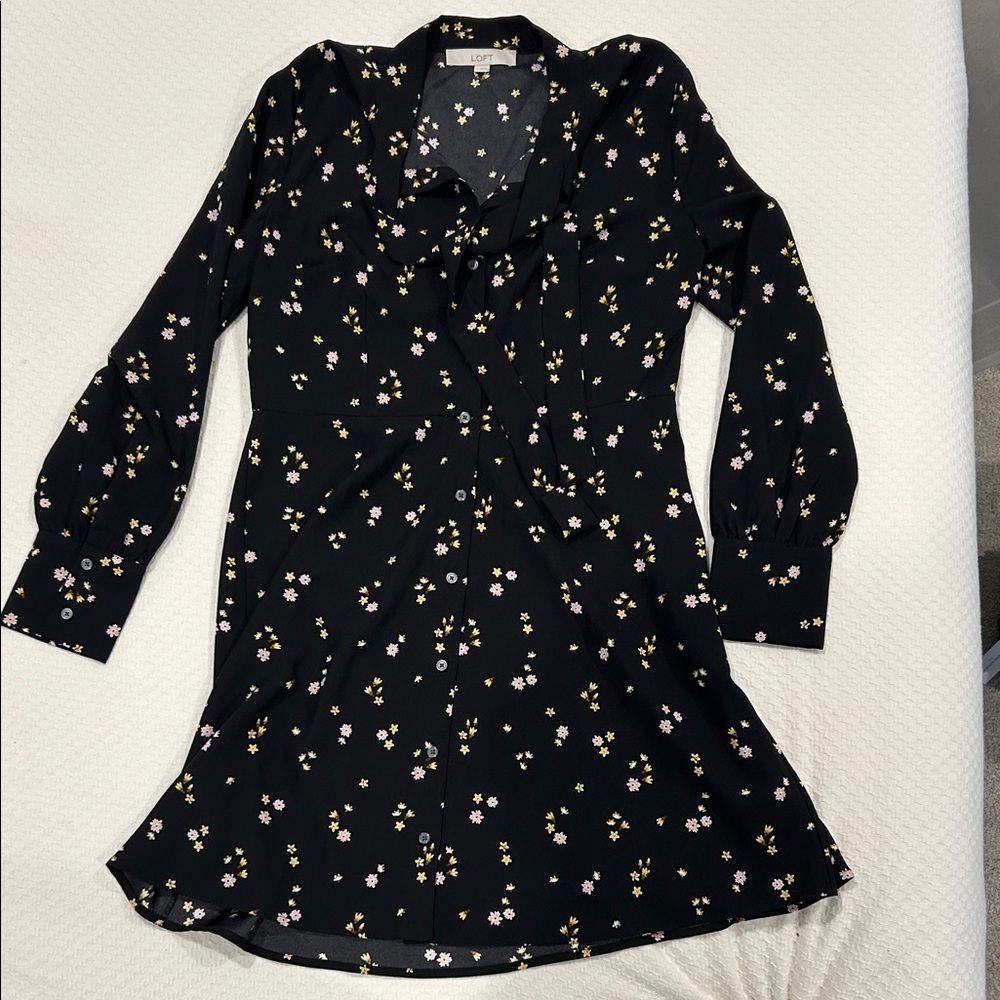 Floral Black Dress with Flirty Neck Tie 🌸